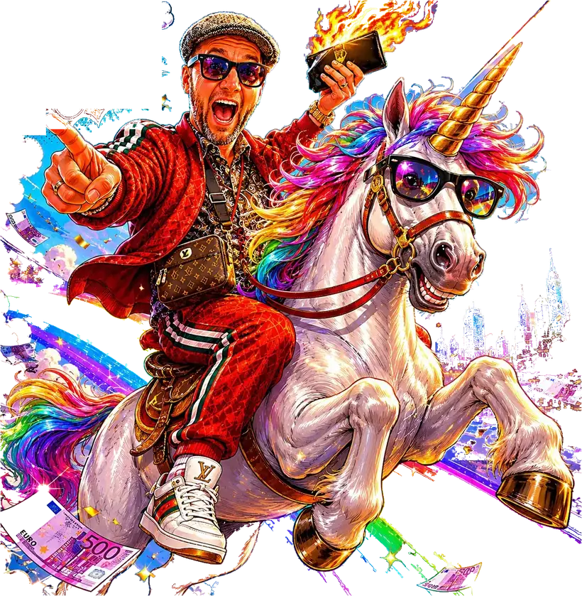 Thomas Maria Graf von Bratwurst auf einem Regenbogen-Einhorn, mit brennendem Portemonnaie